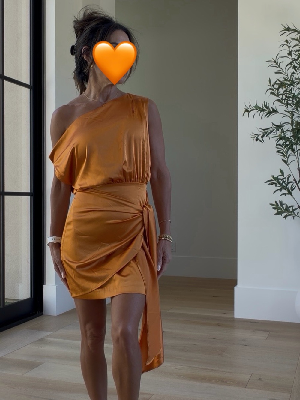 One-Shoulder Satin Dress in Warm Orange